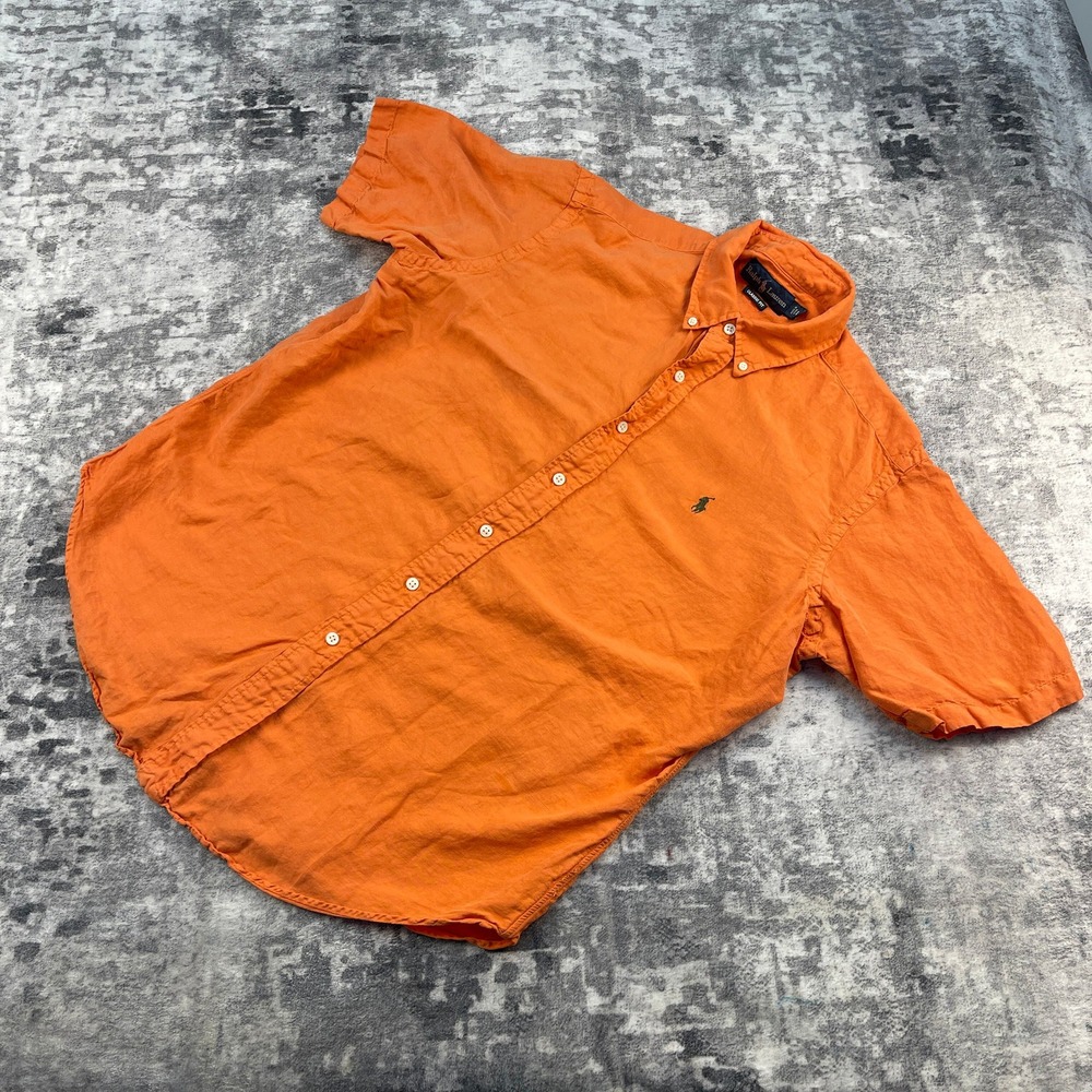Polo Ralph Lauren Men Large Orange Linen Silk Short Sleeve Button Shirt Resort